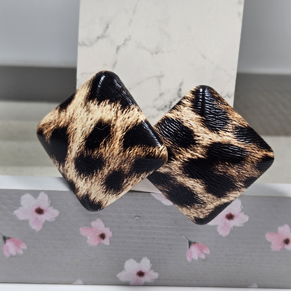 Vintage Leopard Print Square Pierced Earrings - Brown/Black - Picture 2 of 6